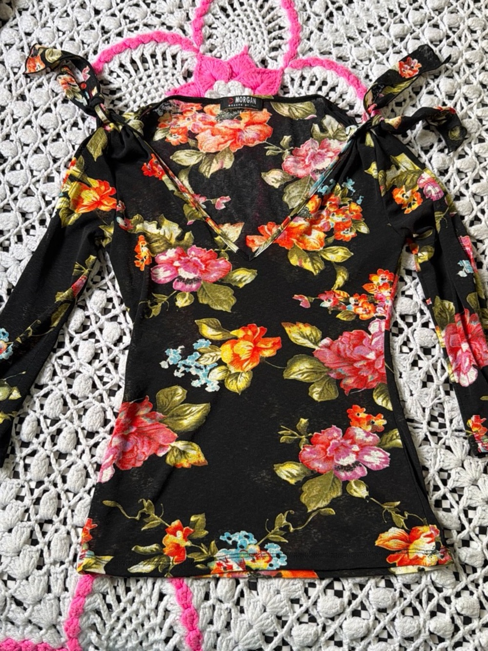 Vintage Morgan De Toi Floral Cold-Shoulder Top in Black with Multicolor Blooms